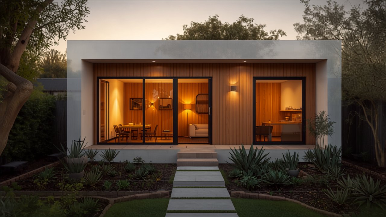 Illustrative rendering of a modern backyard ADU in warm evening light