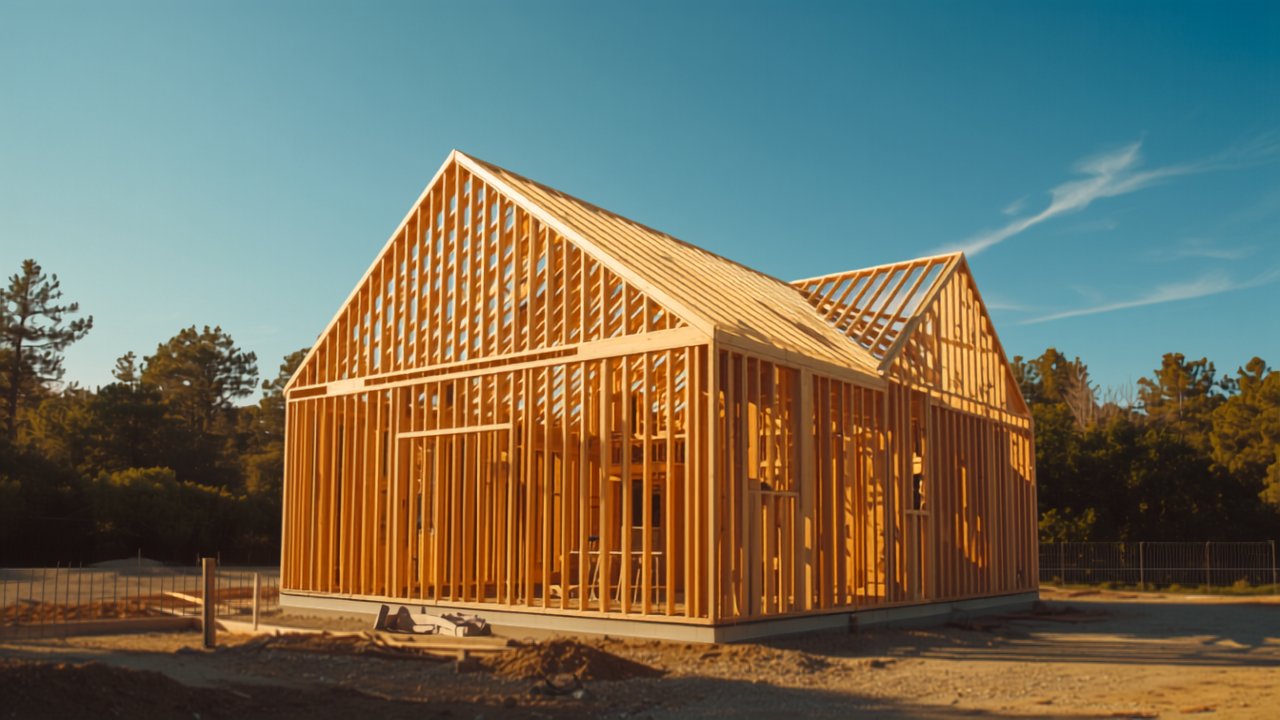 晴空下住宅工地木结构框架施工示意图